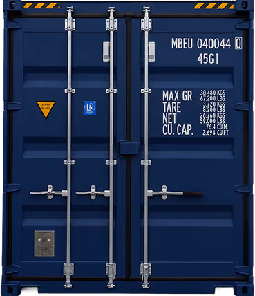 Blue shipping container doors with metal locks and white weight and cxxxity markings.