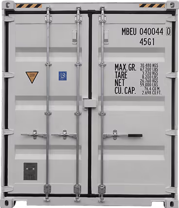 White shipping container rear doors with weight and cxxxity details in black text.