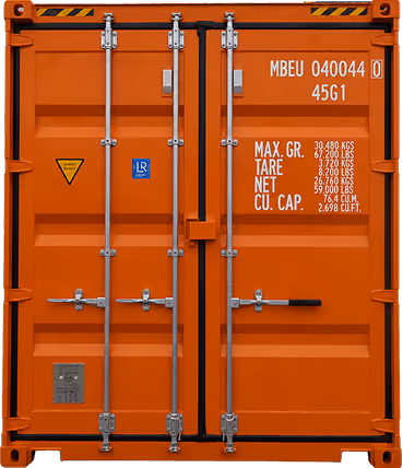 Orange cargo container door with metal locks and white weight and cxxxity markings.