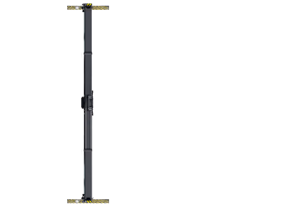 Top-down view of a black crane body with yellow and black hazard xxxs on each end.